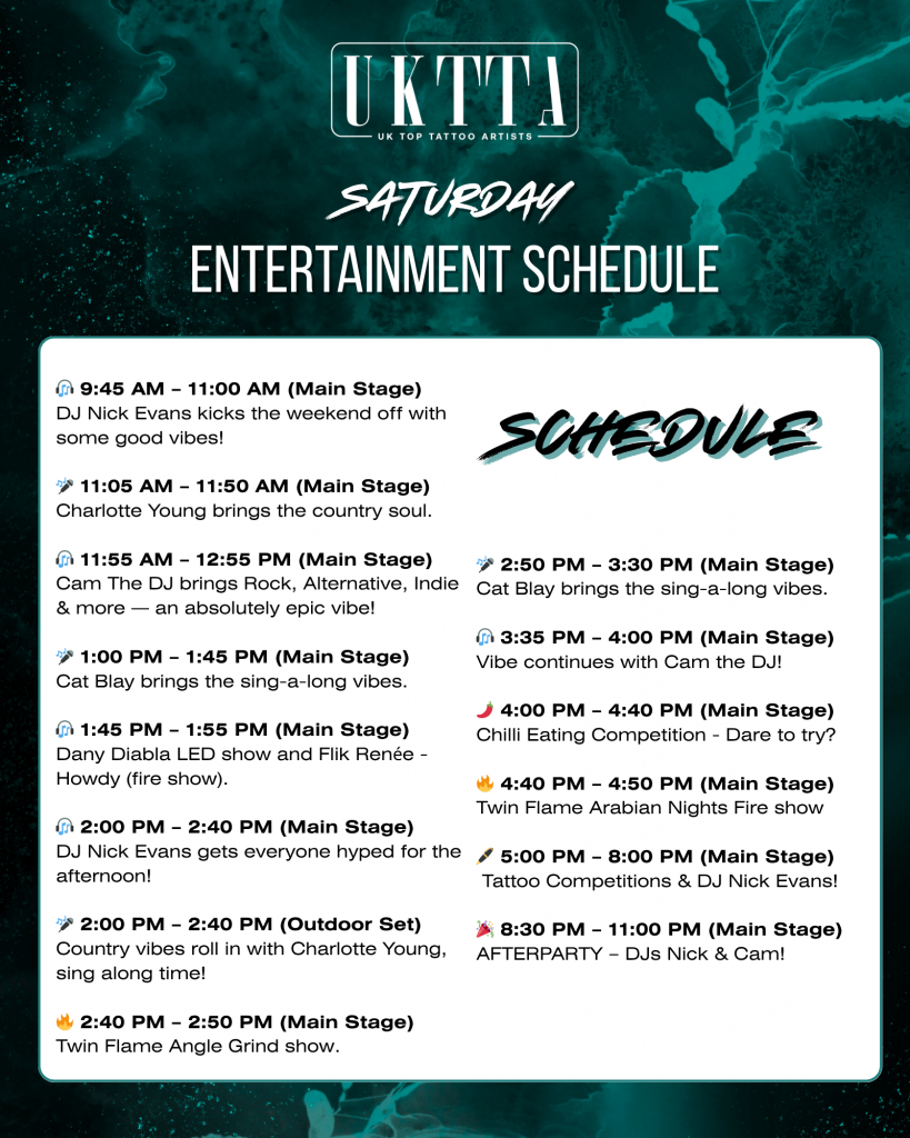 UKTTA Manchester Tatoo Convention - Entertainment Schedule - Saturday