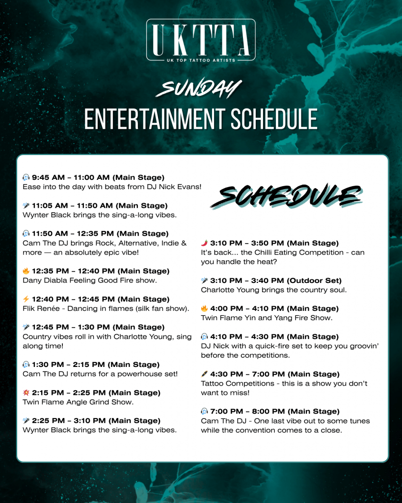 UKTTA Manchester Tattoo Convention - Entertainment Schedule - Sunday
